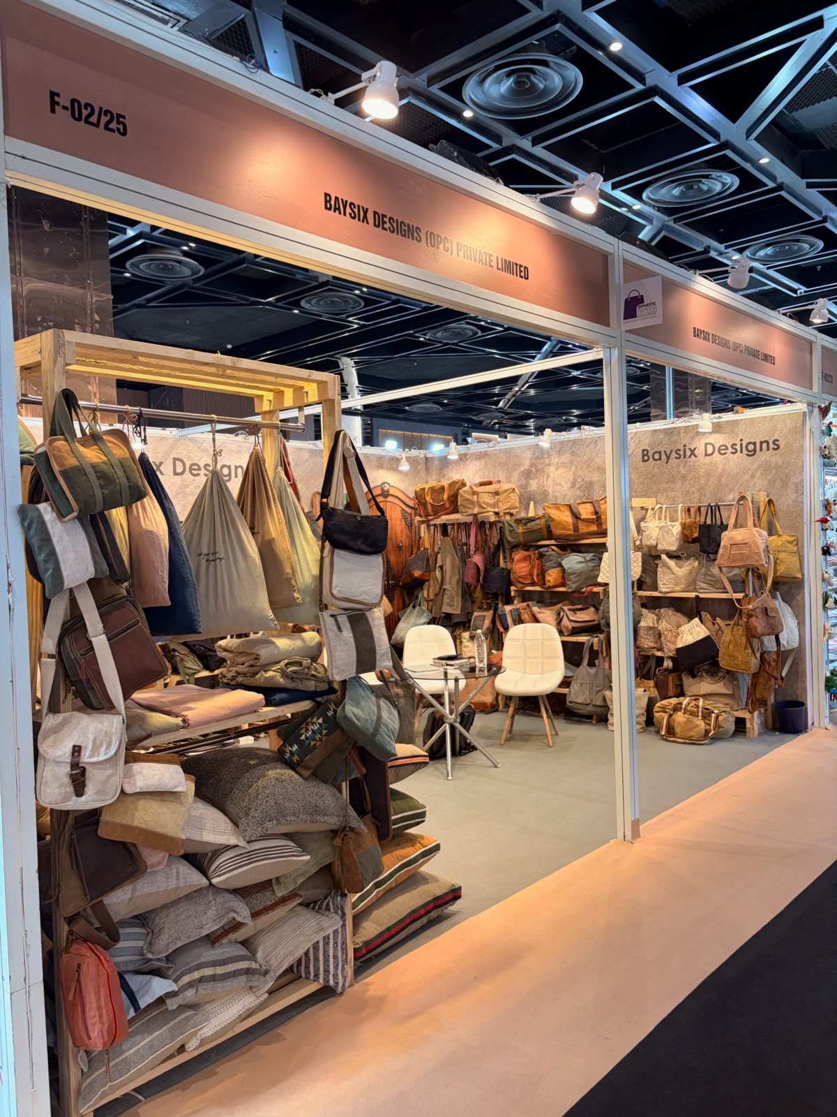 Baysix Designs exhibition booth displaying bags, cushions and textiles